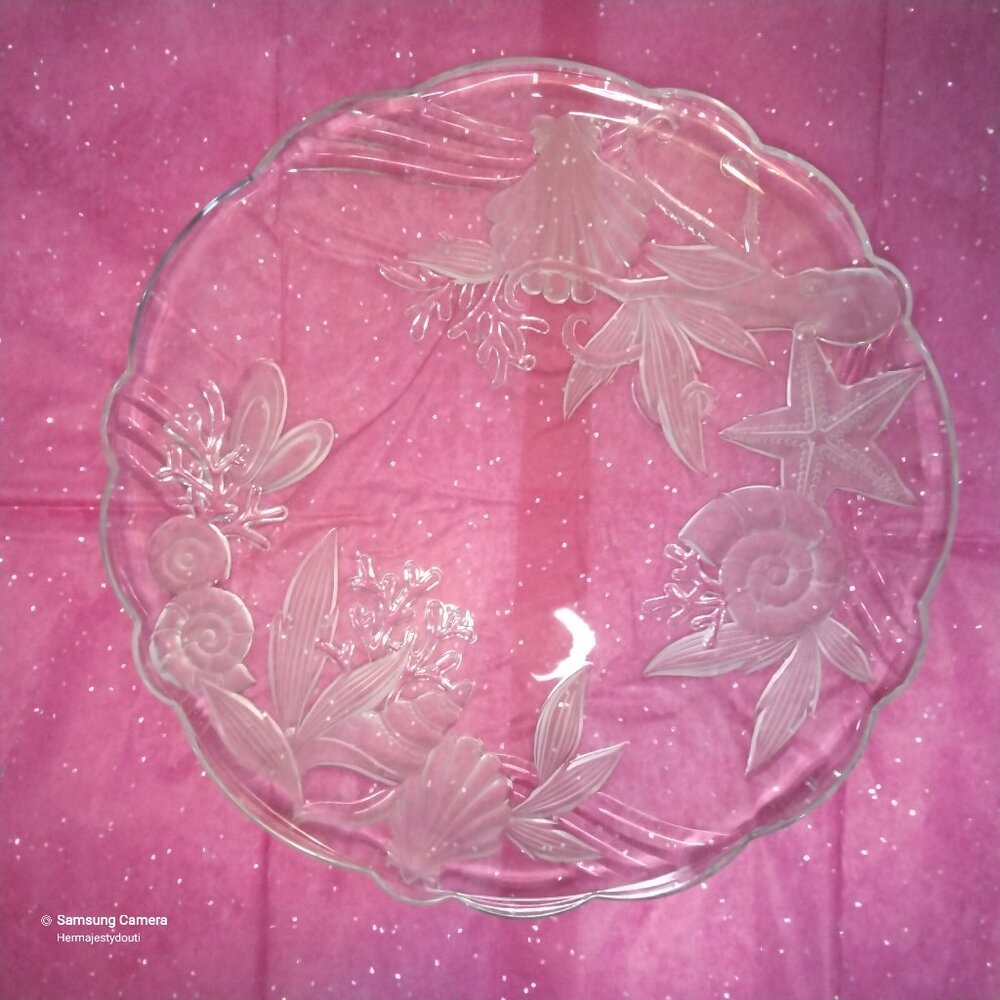 Vintage 15" Scalloped Frosted Etched Crystal Sea Marine Life Serving Platter